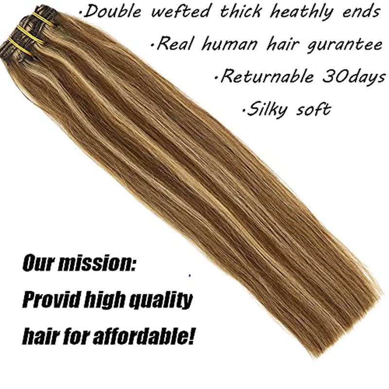 Human Hair Lace Clip In Hair Extensions Thick Ends Highlights Piano Color Chocolate Brown/Strawberry Blonde 16inch 100g Remy Hair Extensions