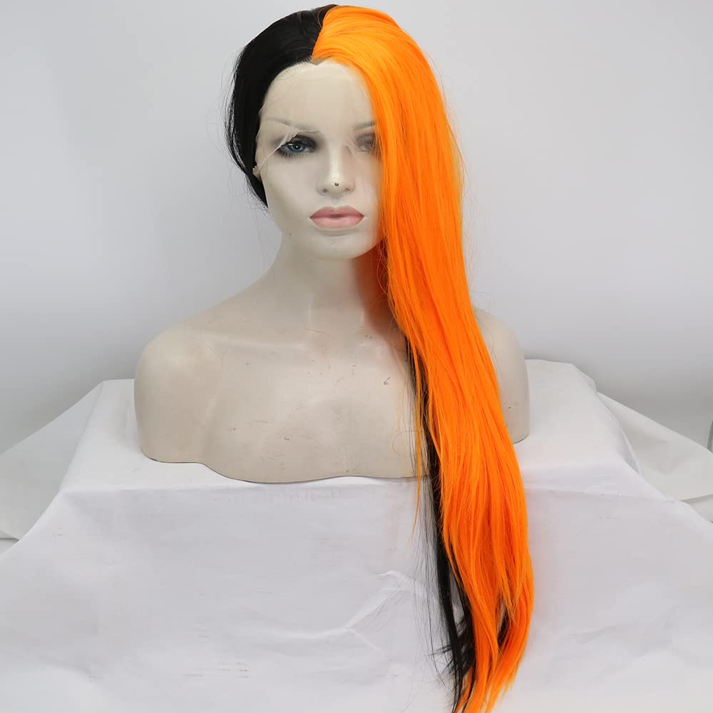 xiweiya Black Orange Half Color Lace Front Wig Long Silky Straight Ginger Orange Wigs Soft Hair Heat Resistant Fiber Wig 150% Density Hair for Women 26inch