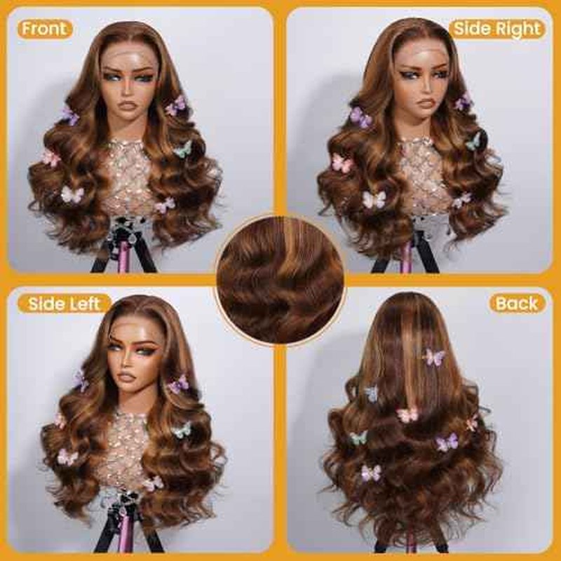 4/27 Highlight Body Wave Lace Front Wigs Human Hair Pre Plucked 13x4 HD Lace Frontal Wig with Baby Hair 180% Density Ombre Brown and Honey Blonde Human Hair Wigs for Black Women 24 Inch