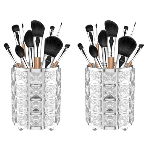 LUGUNU Makeup Brush Holder with Silver Crystal Bling ? Elegant Vanity Organizer for Brushes, Pens & Pencils, Ideal for Bathroom or Office Countertop(2Pack)