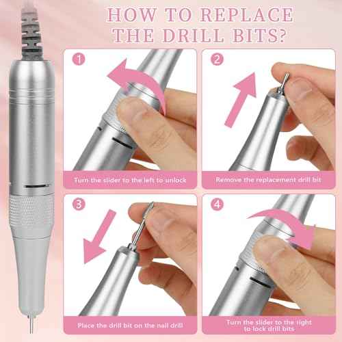 Electric Nail File Professional Kit - 45000RPM Portable Nail Drill Electric File with 11 Bits & Base?LED Screen?Ultra-Silent, Rechargeable Nail Drills Machine for Acrylic Nails Gel Polishing (Pink)