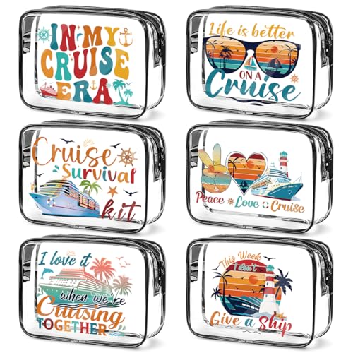 6 Pcs Clear Cruise Makeup Bags Gifts, Cruise Essentials Beach Cosmetic Bag for Women, Cruise Ship Survival Kits, Travel PVC Waterproof Toiletry Bags for Girls Sister Daughter Nurse Teacher