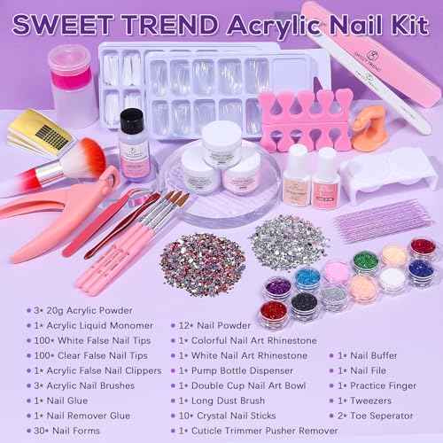 Beginners Nail Kit Acrylic Set: Professional Ultra-fine Acrylic Powder Kit with Everything - Starter Set with 600 Nail Tips Glitter Powder Nail Glue & Remover - Nail Art Supplies for DIY Home Salon