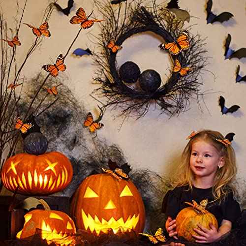 24 Pcs Monarch Butterfly Decorations Monarch Butterfly Hair Clips Feather Barrettes Clips Decor Artificial Fake Flying Creatures for Craft Cosplay Wedding Party, 4 Sizes(Orange)