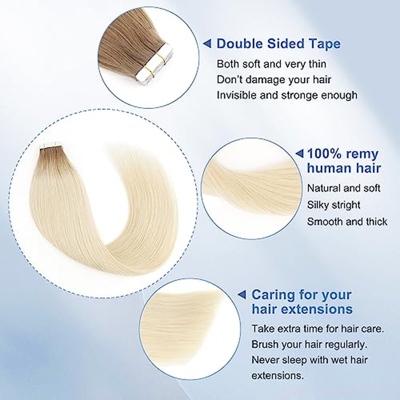 Sixstarhair Rooted Blonde Tape In Hair Extensions Human Hair Medium Brown Fading to Platinum Blonde Remy Hair Beautiful Hair for Women [Color R6-60#-16 inch]