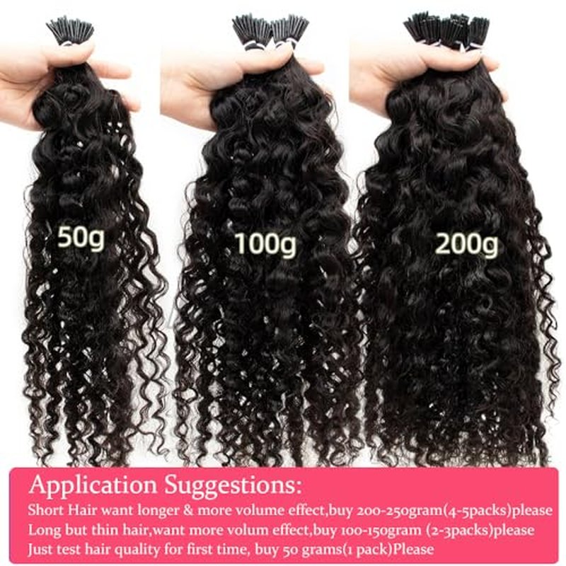 24 Inch Itip Hair Extensions Kinky Curly Pre Bonded Microlinks Human Hairs Extension Stick I Tip Hair Bundles Curly Keratin Hair Extension 1B Black Color for Women Professional Salon Hair 50g 50Stands