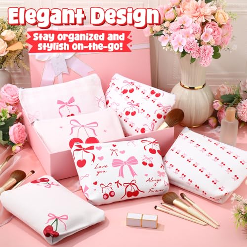 Kacctyen 6 Pcs Pink Cherry Bow Coquette Makeup Bag Cute Bow Canvas Cosmetic Bag for Women Girl with Zipper Aesthetic Travel Stuff Small Pouch for Birthday Party Favor