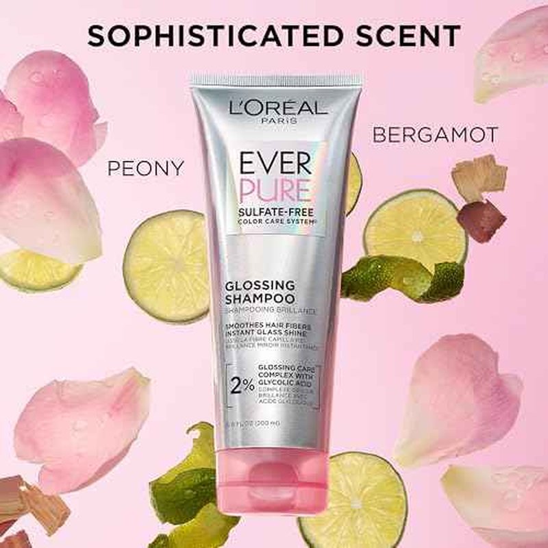 L'Oreal Paris Glossing Sulfate Free Shampoo with Glycolic Acid, Hair Care for Lasting Shine and Smoothness for Dull, Dry Hair, EverPure, 6.8 Fl Oz