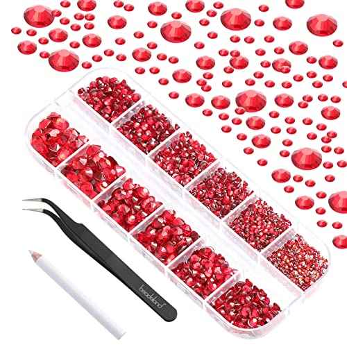 Beadsland Rhinestones for Makeup,8 Sizes 2500pcs Red Flatback Rhinestones Eye Gems for Nails Crafts with Tweezers and Wax Pencil,Siam,SS4-SS30