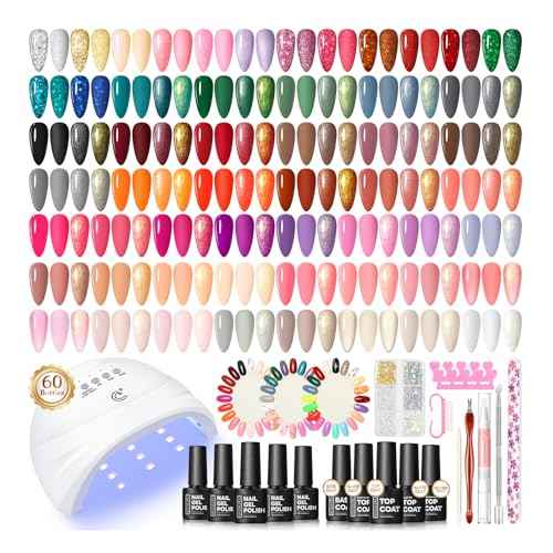 COSCELIA 60PC Gel Nail Polish Kit with U V light 55 Colors Gel Nail Polish 5PC Top Base Coat Nail Stickers Decorations Fall Winter Nail Manicure Kit DIY Gifts for Women