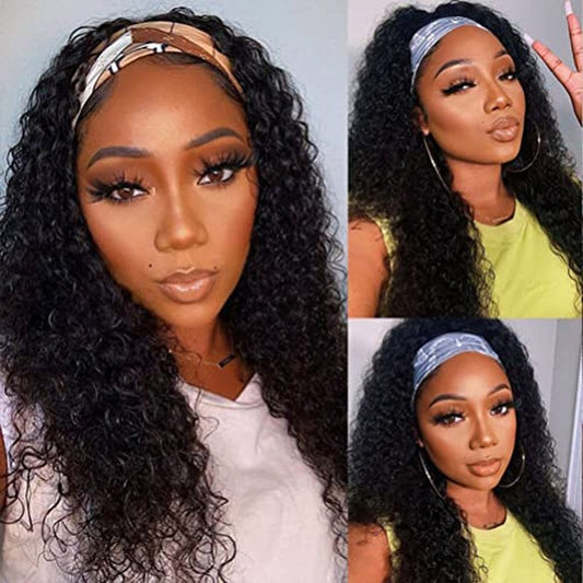 Curly Headband Wig Human Hair 16 Inch Deep Wave Human Hair Headband Wigs for Black Women Human Hair Glueless Real Hair Wig with Headband Attached No Lace Front Wig Human Hair Natural Black Color