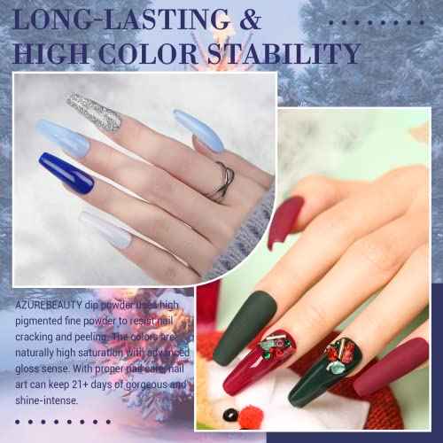 AZUREBEAUTY 42Pcs Dip Powder Nail Kit Starter, 32 Colors Green Nude Brown Blue Christmas Dipping Powder Set with Top/Base Coat & Recycling Tray for French Art Manicure Salon