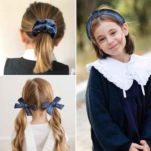 DEEKA School Uniform Plaid Hair Bows & Knotted Plaid Headband & Scrunchies Fable Hair Bow Set Alligator Clips for Toddler Girls Hair Accessories for Little School Girls (Navy Blue)