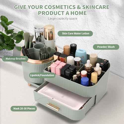 Makeup Organizer for Vanity, Cosmetic Display Case with Drawers, Fits Makeup, Skincare Products, Brushes, Lipsticks, and Other Accessories, Versatile Storage Solution (Green)
