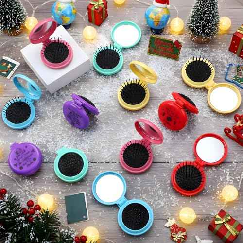 Thyle 12 Pcs Christmas Team Appreciation Gifts for Employee Inspirational Folding Travel Hairbrush with Mirror Bulk Handheld Mirror Hair Brush Thank You Gift for Xmas Women Coworker Staff Nurse