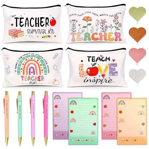 Teacher Appreciation Gifts Bulk, 16Pcs Gifts for Women with Teacher Survival Kit Makeup Bags, Bookmarks, Notepad and Pens, Christmas Gifts for Appreciation