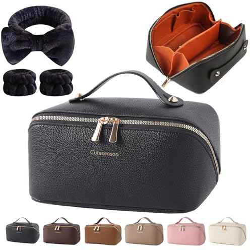 Makeup Bag, Travel Toiletry Bag for Women, Large Capacity Waterproof PU Leather Cosmetic Bags Make Up Organizer Bags with Headband and Wristband Set (Black, Lychee Pattern)