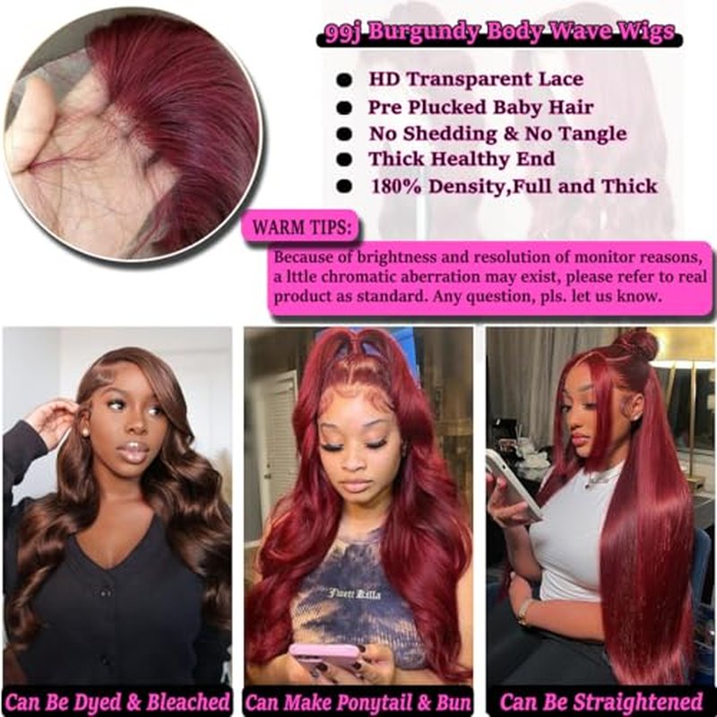 99j Burgundy Body Wave 13x4 Lace Front Wigs Red HD Transparent Lace Frontal Wigs Human Hair Pre Plucked with Baby Hair 22 inches Wine Red Colored Body Wave Wigs for Women Full and Thick 220% Density