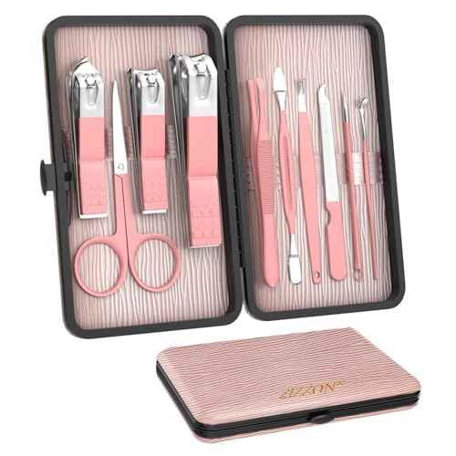 ZIZZON Travel Mini Manicure Set Nail Clipper Set 10 in 1 Stainless Steel Pedicure Care Grooming kit with Case Pink