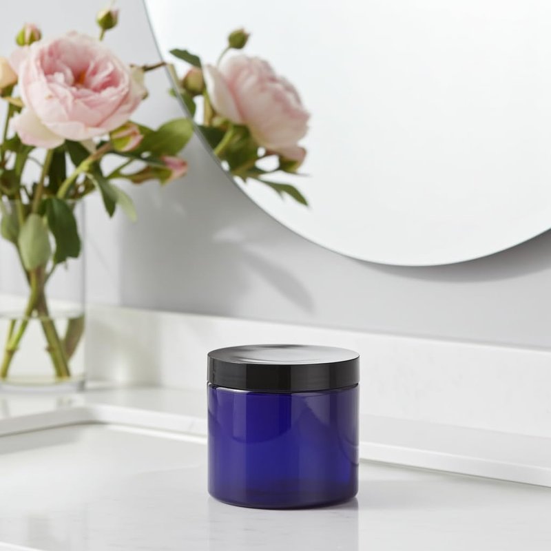 JUVITUS Refillable 16 oz Cobalt Blue PET Plastic Jar - BPA Free with Black Lid | 12 Pack