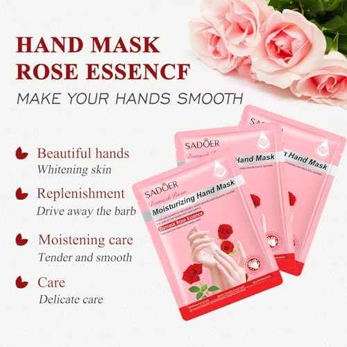 5 Pairs Hands Moisturizing Gloves, Damask Rose Hand Mask, Hand Skin Repair Renew Mask Infused Collagen, Vitamins Natural Plant Extracts for Dry, Aging, Cracked Hands