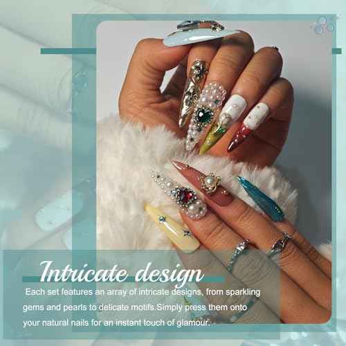 Handmade Press On Nails Stiletto, French Tip Press On Nails Long, Rhinestone Pearl 3D Nails For Women Gift, Reusable Stick On Fake Nails Kit With Nail Glue (Multicolor, M)