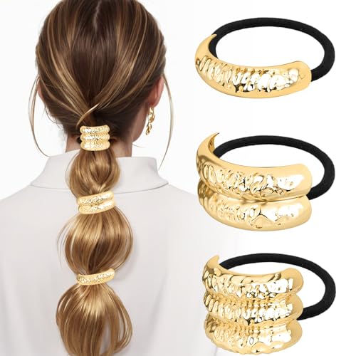 3PCS Metal Hair Tie For Women,Gold Cuffs,Metal Geometric Gold Hair Ties, Hair Accessories Stretchy and Non-Damage Ponytail Holders,Ponytail Cuff Hair Bands For Hair Styling (SET8)