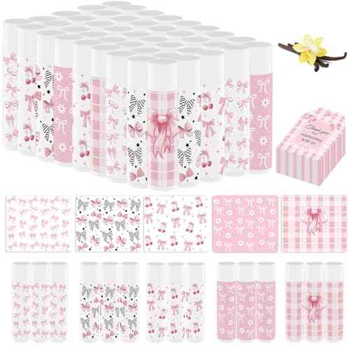 50 Pack Pink Bow Baby Shower Favors Bulk Lip Balm Girls Favors Gifts for Bachelorette Girls Pink Bow Moisturizing Lip Care Pretty lipstick Birthday Thanksgiving Christmas Party Supplies (pink bow)