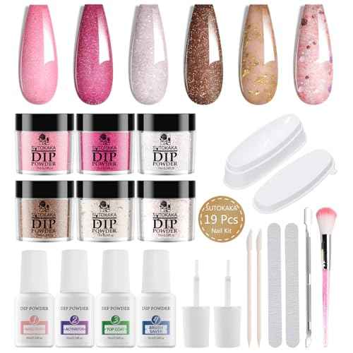Dip Powder Nail Kit Starter, 6 Colors All Seasons Nude Pink Glitter Dipping Powder Set Nail Art Kit with French Dip Container for Women Manicure Design 19Pcs
