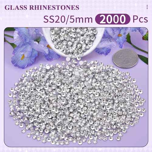 2000PCS SS20/5mm Glass Crystal Rhinestones (Clear), Flatback Clear Rhinestones for Bedazzling Crafting DIY Crafts Nail Art Makeup Decoration, Gems Diamond Charms for Tumbler Shoes Clothing Mug