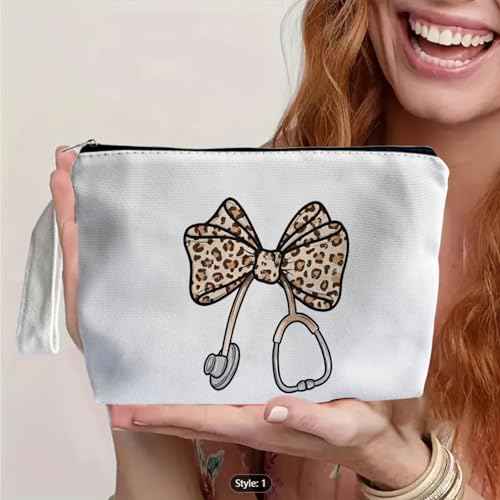 Leopard Bow Stethoscope Nurse Makeup Bag - Trendy Nurse Themed Gifts for Lovers Girls Mom Women, Bow Stethoscope Nurse Cosmetic Bag, Nursing Student Gifts, Canvas Zipper Makeup Bag