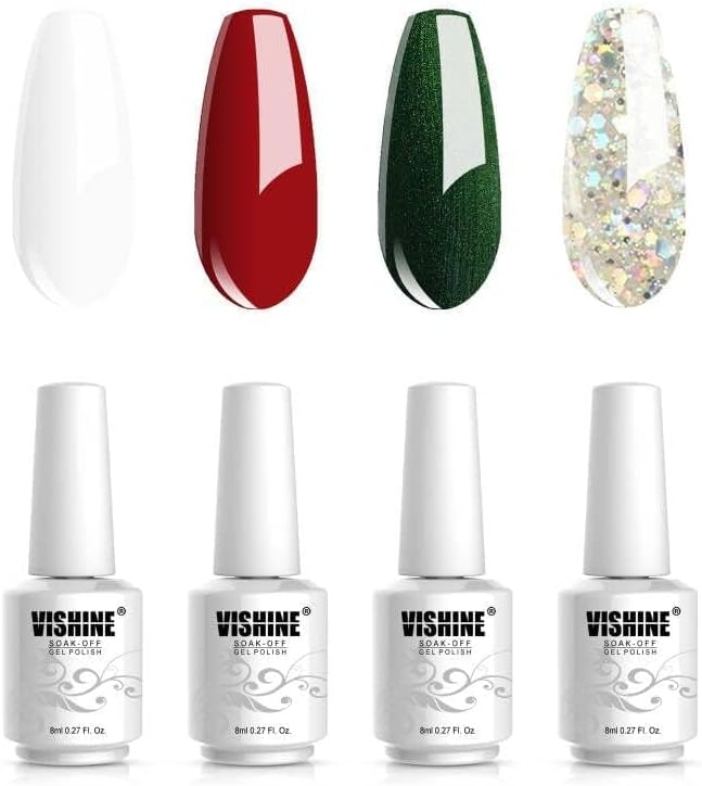 Vishine Christmas Glitter Gel Nail Polish Set - 4 Soak Off UV LED Colors (8ml Each)