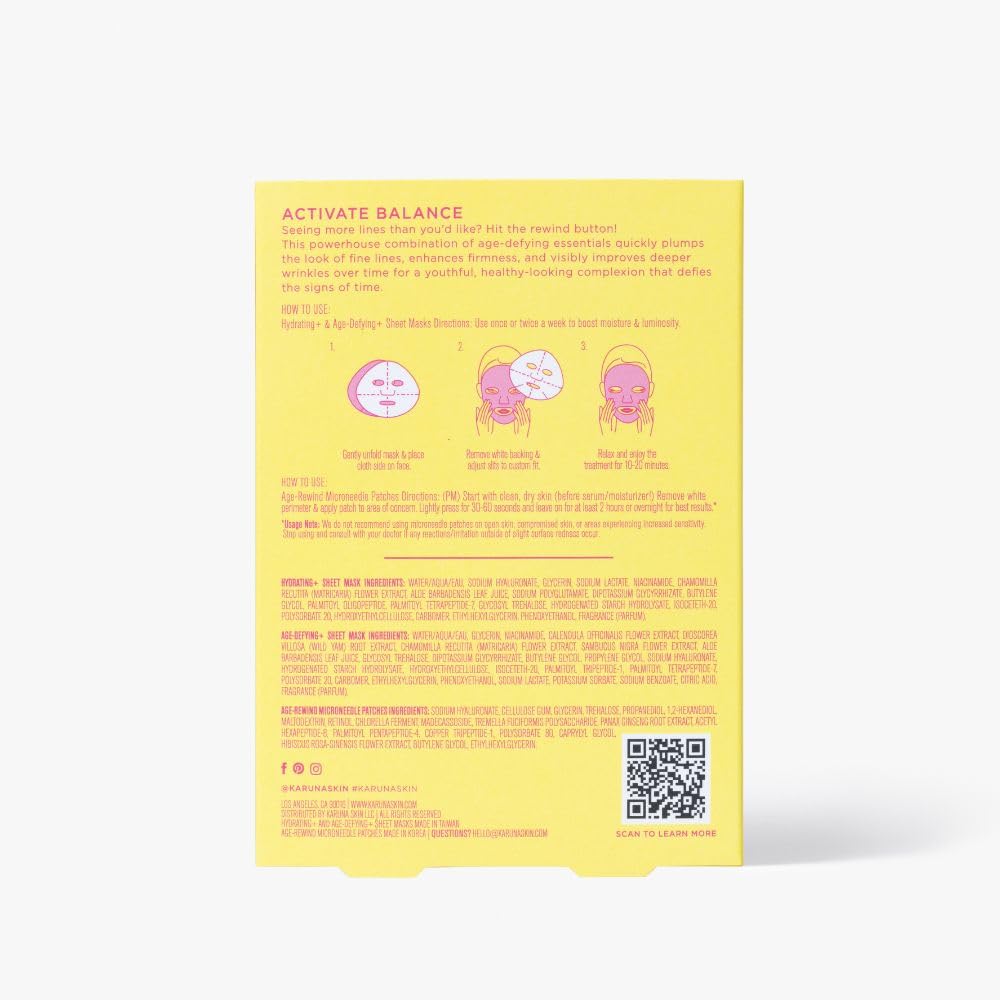 Karuna Hit Rewind Wrinkle Refining Mask and Patch Set, Includes 2 Hydrating Face Masks, 2 Age-Defying Face Masks, and 4 Microneedle Patches