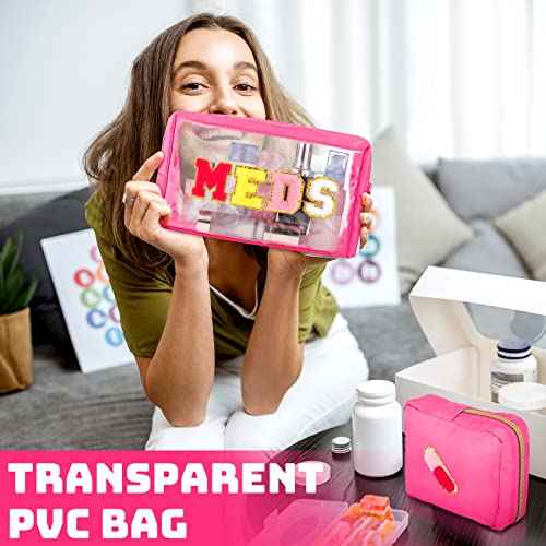 Hillban 2 Pcs Medicine Chenille Letter Bag Preppy Clear Nylon Portable Makeup Meds Cases for Travel PVC Transparent Mini First Aid Storage Bag Gift for Christmas Women(Lovely)