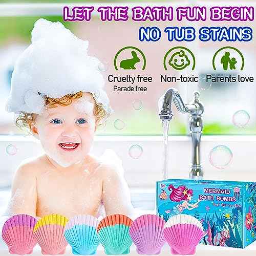 Mermaid Bath Bombs for Girls Kids with Surprise Inside 6+10 PCS Mermaid Gifts for Girls Toys 4 5 6 7 8 Year Old Birthday Easter Basket Sutffer Princess Jewelry Natural Organic Bubble Bath Bomb Set