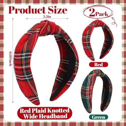 Yilloog 2pcs Christmas Headbands for Women Knotted Buffalo Plaid Hairband Fashionable Wide Top Knot Hair Bands Hair Accessories for Xmas Gifts