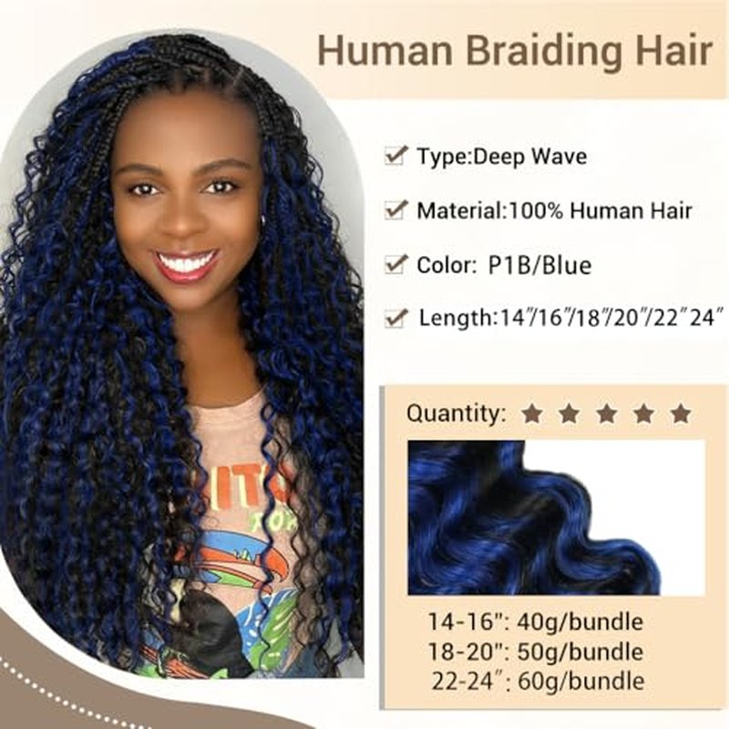 Human Braiding Hair for Boho Knotless Braids 2 Bundles 16 Inches 80g Deep Wave 10A Brazilian Virgin Human Bohemian Hair for Braiding 1bPblue