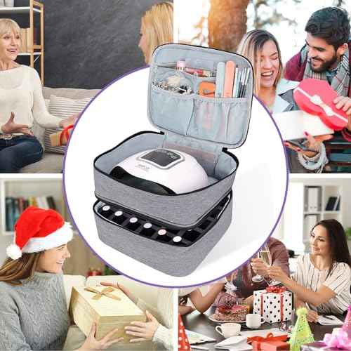 Nail Polish Organizer Holds 30 Bottles (15ml - 0.5 fl.oz) Double-layer Gel Nail Polish Kit Carrying Case, Nail Holder for Nail Lamp, Portable Nail Organizer and Storage for Nail Supplies (Gray)