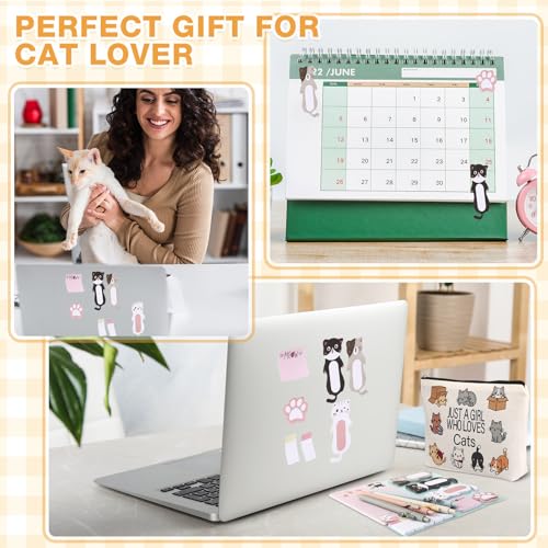 6 Pcs Cute Cat Stationery Set Pens Sticky Notes Makeup Bag Pencil Pouch for Girls Women Cat Lovers Christmas Gifts School Office Supplies