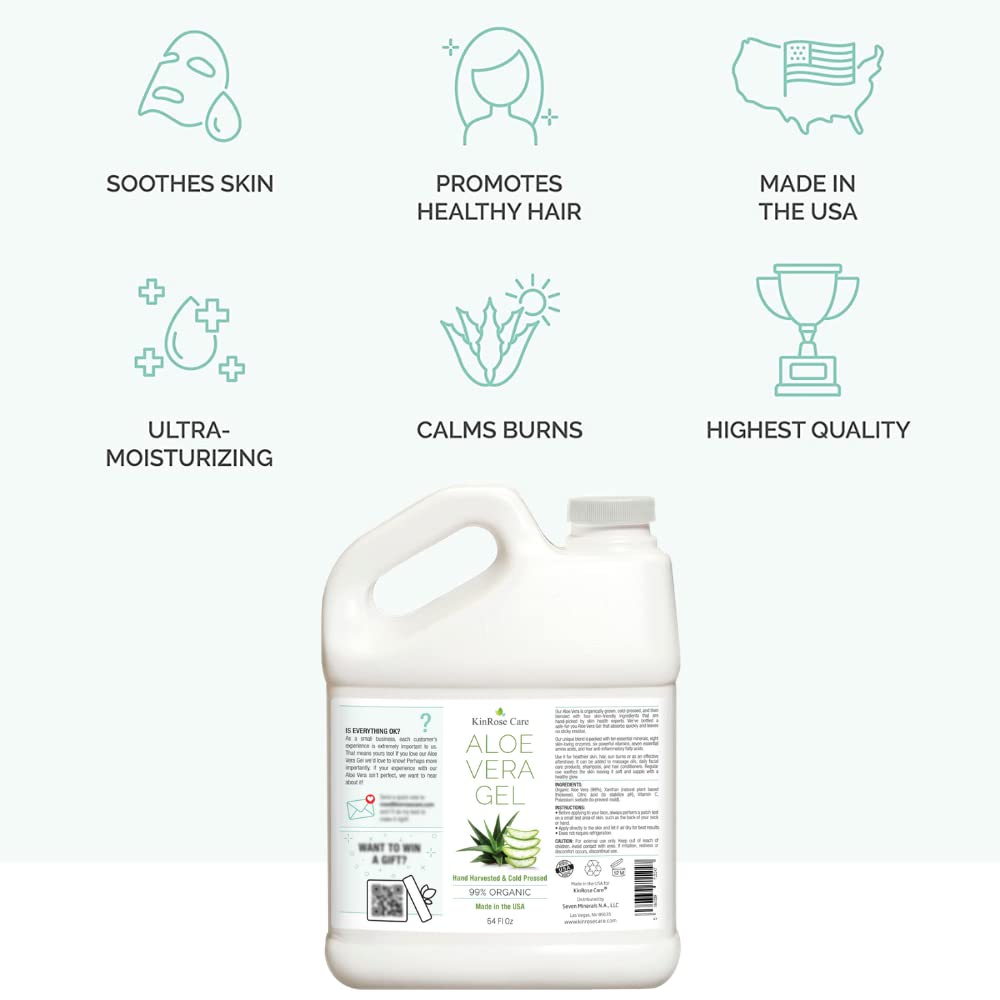 KinRose Care Organic Aloe Vera Gel Bulk - Half Gallon - for Face, Skin, Hair & Sunburn Relief From 100 Percent Pure Aloe Vera - Cold Pressed, Vegan, Unscented - Made in USA (64 Fl Oz)