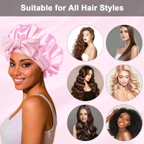 2Pcs Satin Silk Hair Bonnet for Sleeping Women,Large Bonnets with Elastic Wide Tie Band Silk Sleep Cap,Hair Wrap Night Cap with Adjustable Straps for Black Women Curly Hairs Jumbo Bonnet Braid - Pink