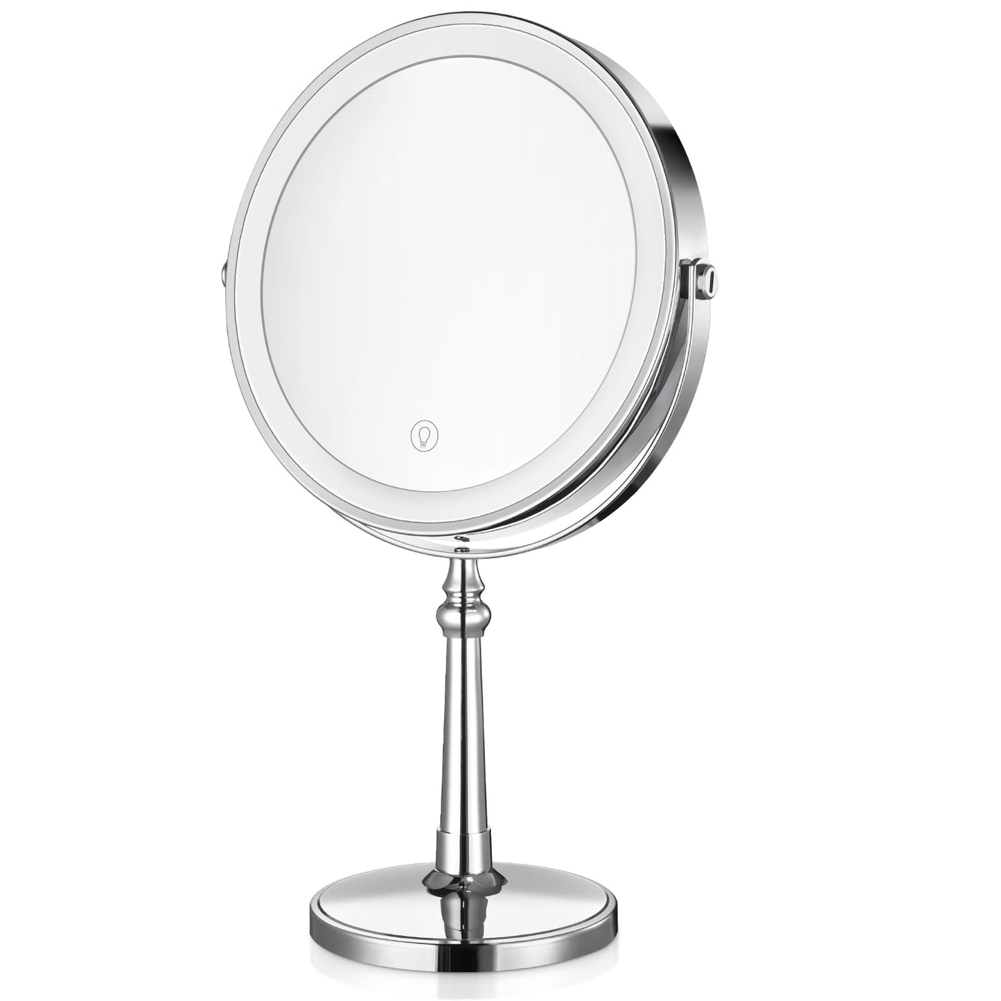 AMZNEVO Lighted Makeup Mirror, 9" Rechargeable Vanity Mirror with Lights, Double-Sided 1X/10X Magnification, 3 Color Lights, Brightness Adjustable, 360° Rotation