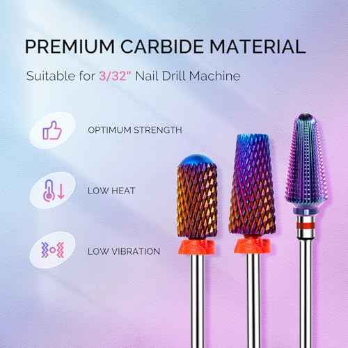 MelodySusie 3Pcs Nail Drill Bits Set, 3/32'' Carbide Tungsten Bits, 5 in 1, Smooth Round Top Large Barrel and Tornado Bits, Suitable for Manicure Pedicure Cuticle Gel Acrylic Remover, Purple