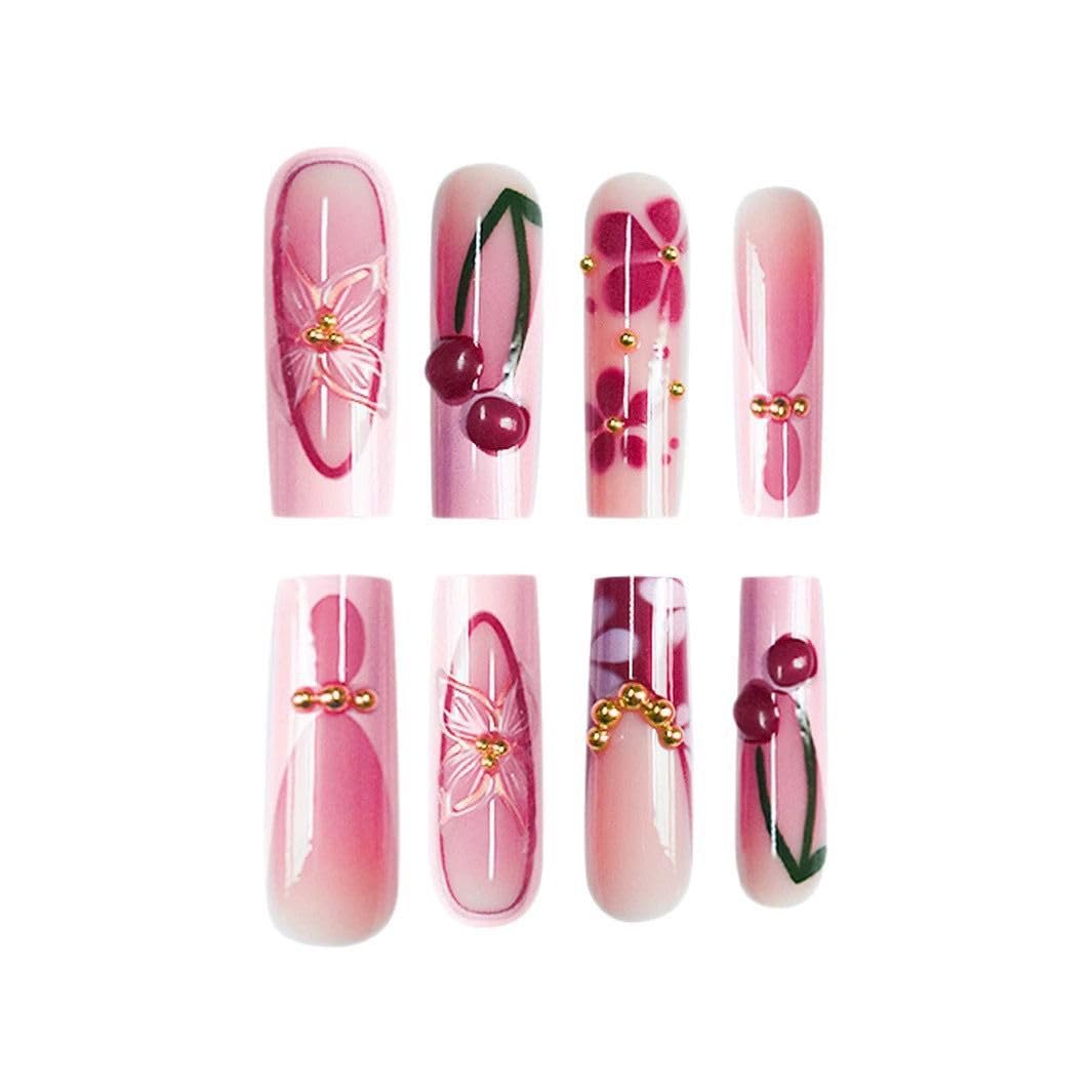 Red Long Square Press-On Nails - French Tip & Flower Design | 24 Pcs Set for Women