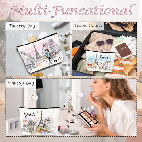 Paris Gifts Travel Essentials - 4Pcs Eiffel Tower Makeup Bag, France Paris City Watercolor Cosmetic Bags with Zipper Pouch, Weekend Vacation Trip Gifts for Travellers Women Girls