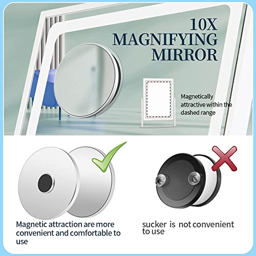Vanity Mirror with Lights - 13.78"¡¿ 10.23" Adjustable Lighted Makeup Mirror for Desk, Detachable 10X Magnification Mirror, Touch Sensor, Desk Mirror for Bedroom & Dressing Room (White)