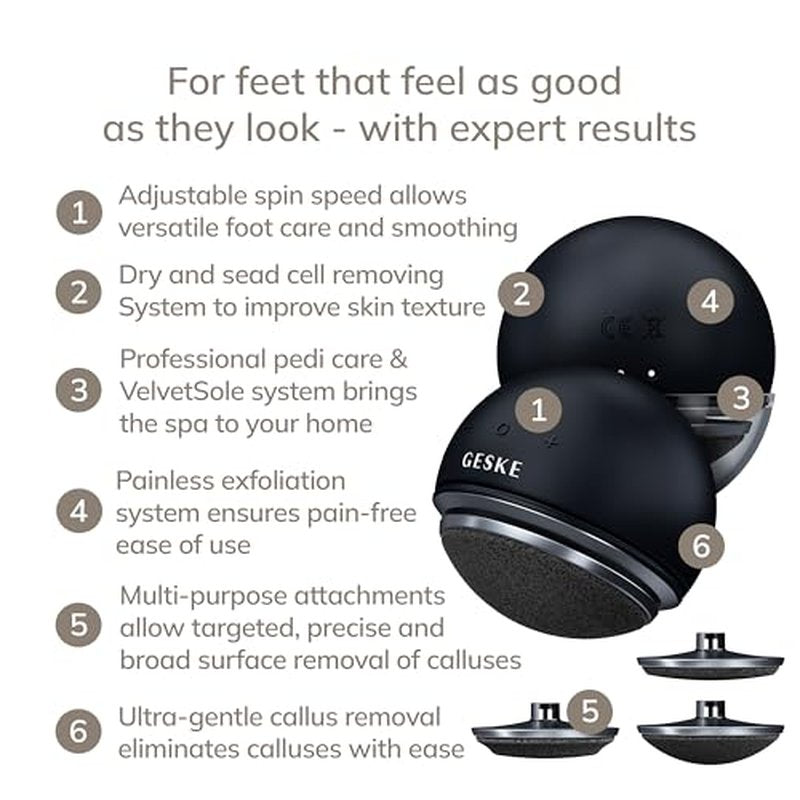 GESKE Electric Pumice Foot Smoothing Spinning Sphere | 8 in 1 | Electric Foot File & Exfoliator | 3 Pumice Stone Attachments | for Smooth Feet | Advanced Callus Removal |for Your Pedicure Set
