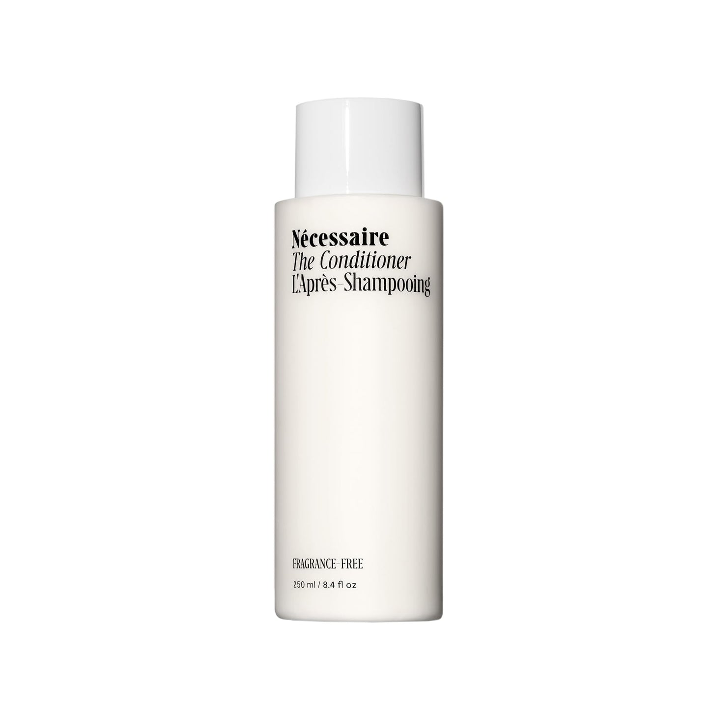 Nécessaire The Conditioner. Fragrance-Free. Hydrating Treatment For Scalp + Hair. Hyaluronic Acid. Hypoallergenic. Dermatologist-Tested. Non-Comedogenic. No Silicones. 250 ml / 8.4 fl oz