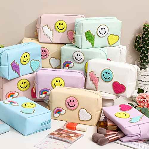 Sanwuta 12 Pcs Christmas Preppy Patch Makeup Bag Chenille Letters Cosmetic Bag PU Leather Preppy Organizer Small Smile Heart Toiletry Pouch Portable Waterproof Storage Purse Pouch for Women Adults