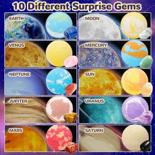 10 Pack Galaxy Bath Bombs for Kids with Surprise Toys Inside Organic Bubble Bath Bombs with Solar System Gemstones Easter Christmas Birthday Gift for Kids Boys Girls